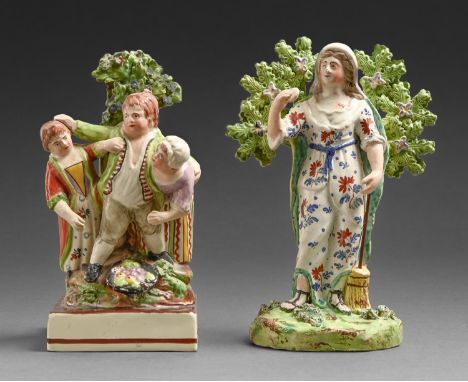 A Staffordshire pearlware group Contest and a John Walton figure of The Lost Piece, c1820, before bocage, painted in overglaz