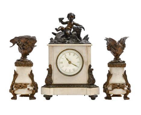A French bronze mounted alabaster figural mantle clock, early 20th c, mounted with an infant Bacchus and goat and a pair of s