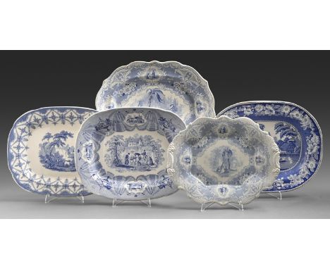 Four Middlesbrough Pottery earthenware meat dishes and another, c1835, transfer printed in blue with Arabian Nights, Granada,