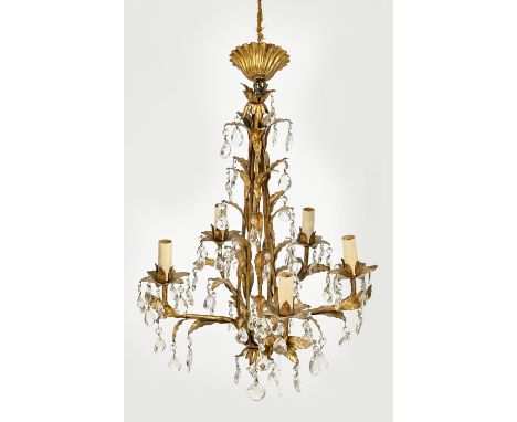 An antique style giltmetal and cut glass five-branch chandelier, 48cm w and a pair of twin-branch wall lights en suite  