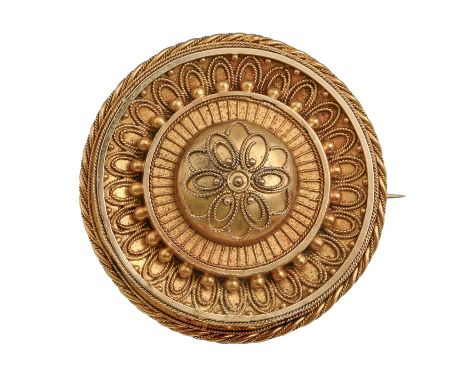 A Victorian gold mourning brooch, with applied gold bead and filigree decoration, glazed back inset hair and engraved R S, 37