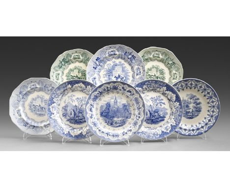 Eight Middlesbrough Pottery earthenware plates, c1840, transfer printed in blue or green with Granada, Dresden Views or Devon