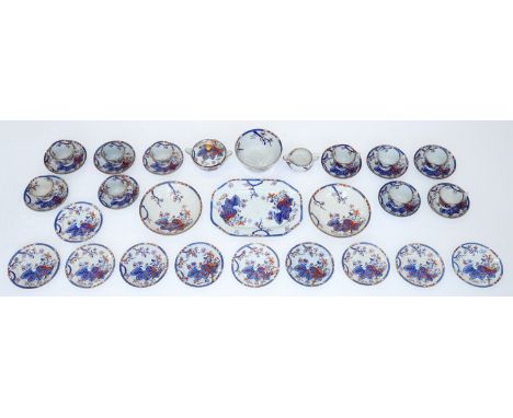 A Copeland &amp; Garrett earthenware Tobacco Leaf pattern tea service, c1850, pattern no 2061, underglaze blue printed mark (