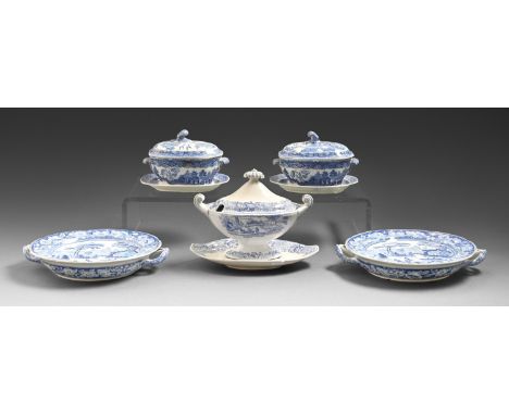 A pair of Spode blue or brown printed earthenware Wild Rose pattern water plates and three sauce tureens and covers, c1830-40