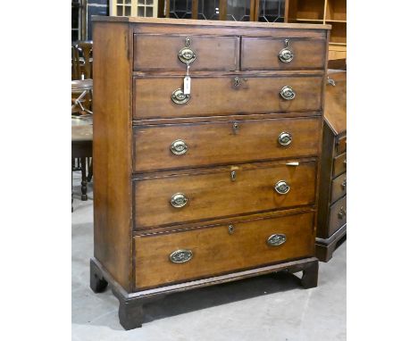 A Victorian oak and mahogany crossbanded chest of drawers, on bracket feet, 134cm h; 103 x 49cm  Contemporary repairs to top 