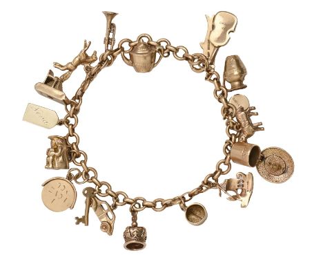 A gold charm bracelet, with a collection of gold charms, 20cm l, 34.8g Light wear
