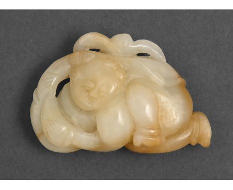 A Chinese jade pebble carving of a boy, 50mm l  Good condition