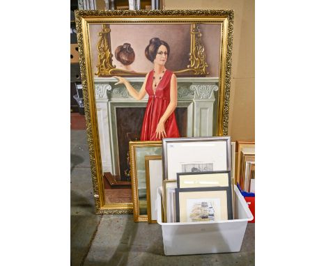 20th century School - A full length portrait of a Lady in a red dress, signed Kyme Kie, 120 x 80cm, miscellaneous other pictu