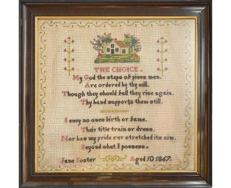 A Victorian sampler, Jane Foster, aged 10, 1867, worked in wool with a cottage and Psalm 37, 49 x 51cm, framed  Slightly stai