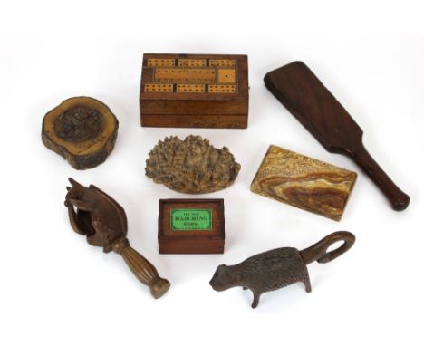 A Victorian mahogany folding cribbage box, 14cm; a Victorian mahogany laundry bat; squirrel shape novelty nut cracker; anothe