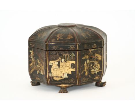 A China Trade black lacquered octagonal shape caddy, 19th Century metal liner, width 20cm