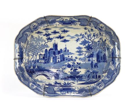 A Spode print ware oval meat plate, Gothic Castle pattern, early 19th Century, impressed Spode 29, width 52cm