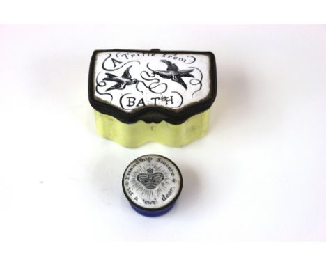 A Staffordshire yellow coloured enamel box, late 18th Century, "A Trifle from Bath", width 5cm; and a small circular enamel b