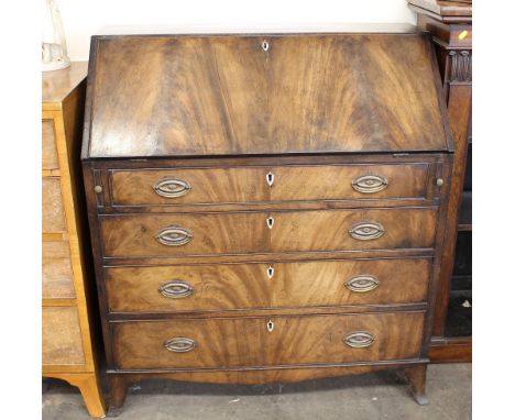 A George III mahogany bureau, fall front enclosing a fitted interior, four graduating long drawers below, splayed bracket fee