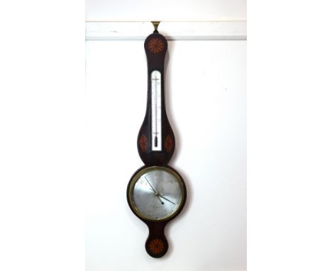 A Victorian mahogany banjo shape wheel barometer, silvered dial signed Joseph Testi, No. 45 Saffron Hill, London, with fan ma