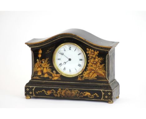 A black lacquered and chinoiserie decorated mantel clock, decorated with oriental figures, flowers and foliage, white enamel 