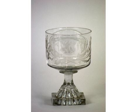 A George III glass rummer, circa 1800, bucket bowl engraved with a sailing ship and the Sunderland Bridge, further engraved i