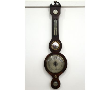 A William IV rosewood banjo shape wall barometer, silver dial, signed J. Fagioli, 3 Gt. Warner Street, London, (damaged pedim