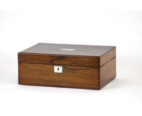 A Victorian rosewood oblong shape work box, mother of pearl plaque, width 30cm