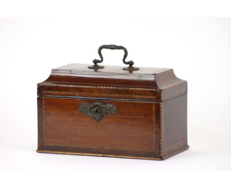A George III mahogany sarcophagus shape tea caddy, with fan marquetry spandrels and herringbone stringing, three section inte