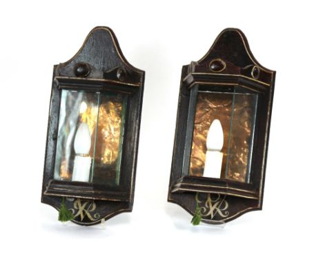 A pair of Victorian style painted wood lanterns, marked with a V R device, depth 36cm