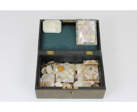 A Victorian tortoise shell and abalone visiting card case, 10.5cm; a Neapolitan carved mother of pearl plaque, "The Last Supp
