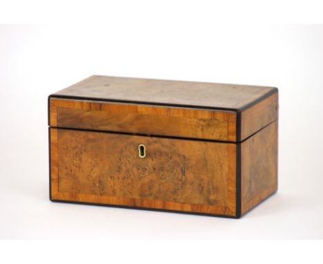 A Victorian walnut oblong shape tea caddy, with cross-banding, two section interior, width 21cm; a Victorian rosewood box, wi