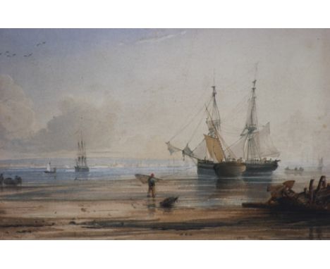 English School, estuary scene, low tide, indistinctly inscribed, print base heightened with watercolour, 17cm x 25cm