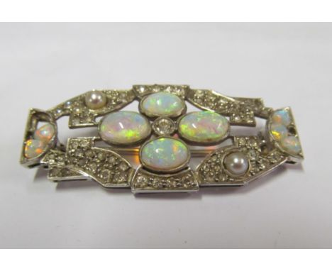 A diamond, opal and pearl brooch (one opal missing) ( and 2 small end diamonds missing)