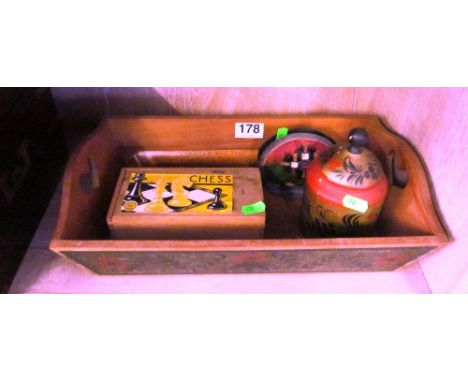 A chess set, tray, enamel letter rack, treen box and E. Telegraph Company letter opener with map and calendar 1886