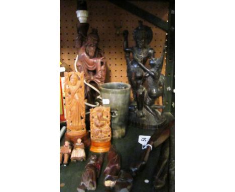 An Oriental table lamp, horn beaker and other treen