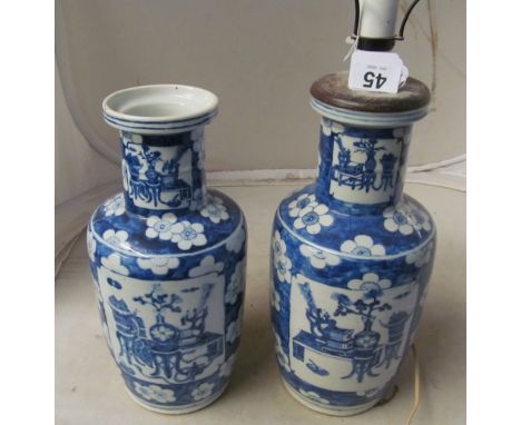 A pair oriental blue and white vases, one as lamp other slightly a/f
