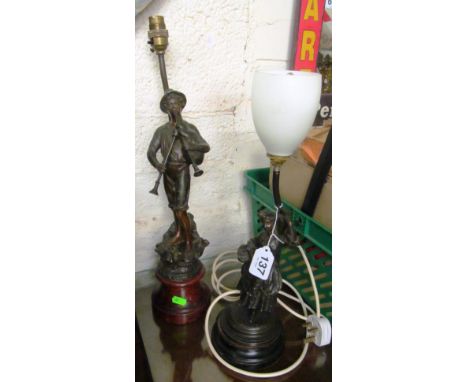 A spelter lamp figure playing bagpipes and another lamp girl with urn