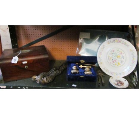 A walnut sewing box, horns, compact et cetera