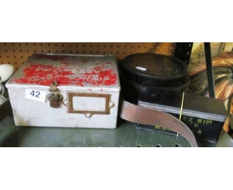 A World War Two fuse wire container, a CAV Property tin and an aircraft compass