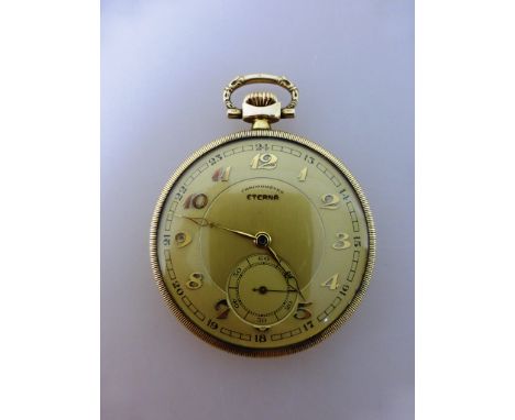   Goldene Frackuhr, Eterna Watch Co., mit Ornamenten verziertes Goldgehäuse, Feingehalt 585,  Goldene Frackuhr, Eterna Watch 