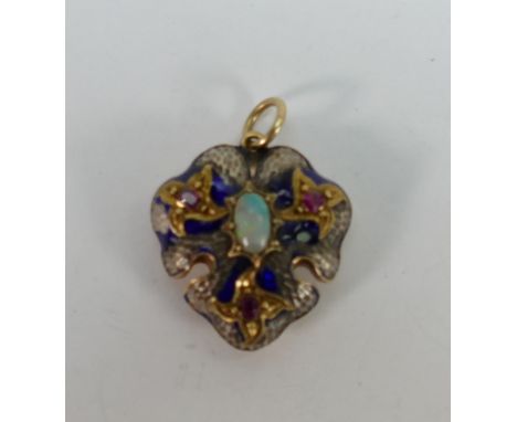 High carat gold enamel ruby & opal art nouveau pendant: Enamel damaged / missing.  A high quality piece that requires repairi