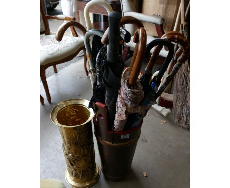 Painted Barrel type Umbrella Stand: with a selection of Umbrella's and similar brass item