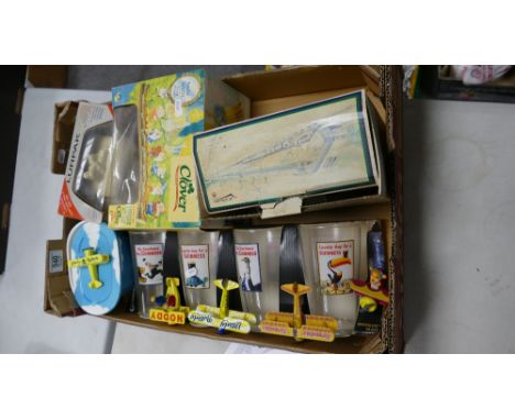 A collection of Advertising items to include: Le Shuttle Teapot, Clover Toast Rack, Lurpak Butter dish, Guinness Glasses etc 
