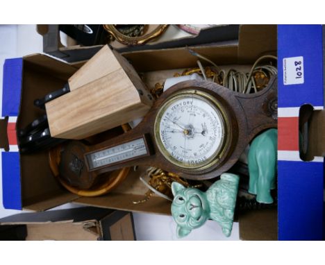 A mixed collection of items to include: Bonzo dog figures, similar elephants , damaged barometer, knife set etc