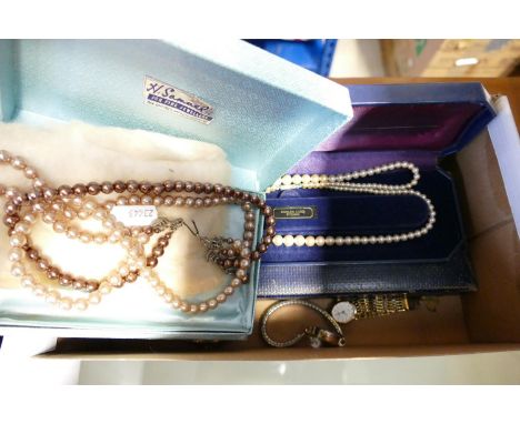 A collection of vintage costume jewellery: including boxed Lotus Pearls with silver clasp, another set of pearls with marcasi