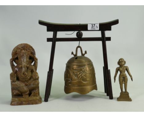 Soap stone ethnic figure: similar bronzed item and prey bell