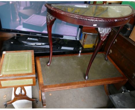 Leather Topped drop end coffee table: together damaged hall table and  similar smaller item(3)