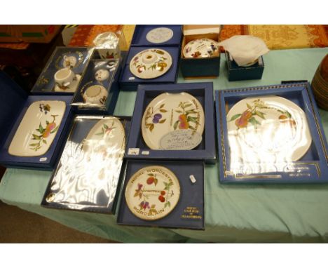 A large collection of Boxed Royal Worcester Evesham patterned flameproof pottery items to include: vases, cake stand, oval di