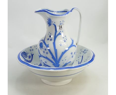 Victorian Blue &amp; White Floral decorated Wash Basin &amp; jug