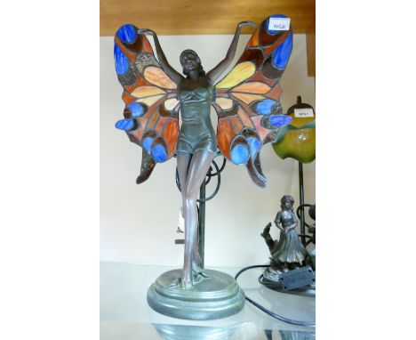 Bronzed Resin Leaded Glass Effect Art Deco Lady Figure Table Lamp: