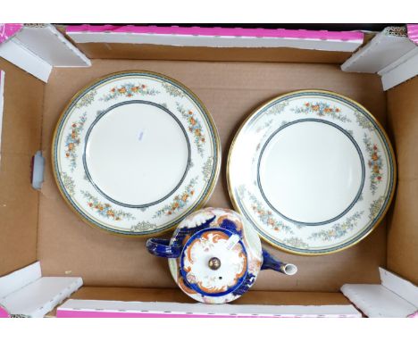 A mixed collection of items to include: Minton Stanwood Dinner Plates &amp; 19th Century Ridgeways Floral decorated Teapot