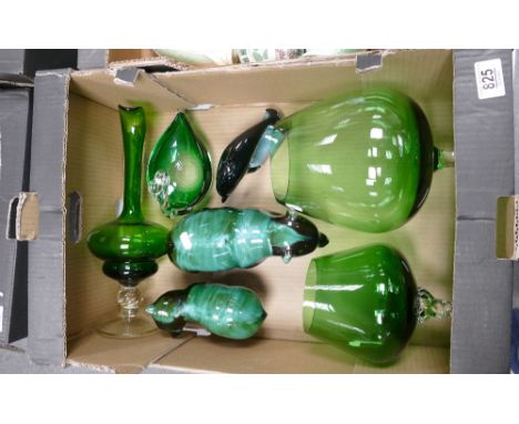 A mixed collection of items to include: Mid Century Art Glass, Poole &amp; Similar mottled green figures etc 