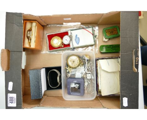 A collection of vintage costume jewellery &amp; watches: a interesting lot including pocket &amp; wrist watches, stamps, tins