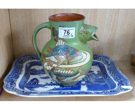 20th Century Art Pottery Fish Jug: glazed faults noted together with  Ye Old Willow Blue &amp; White Platter(2)